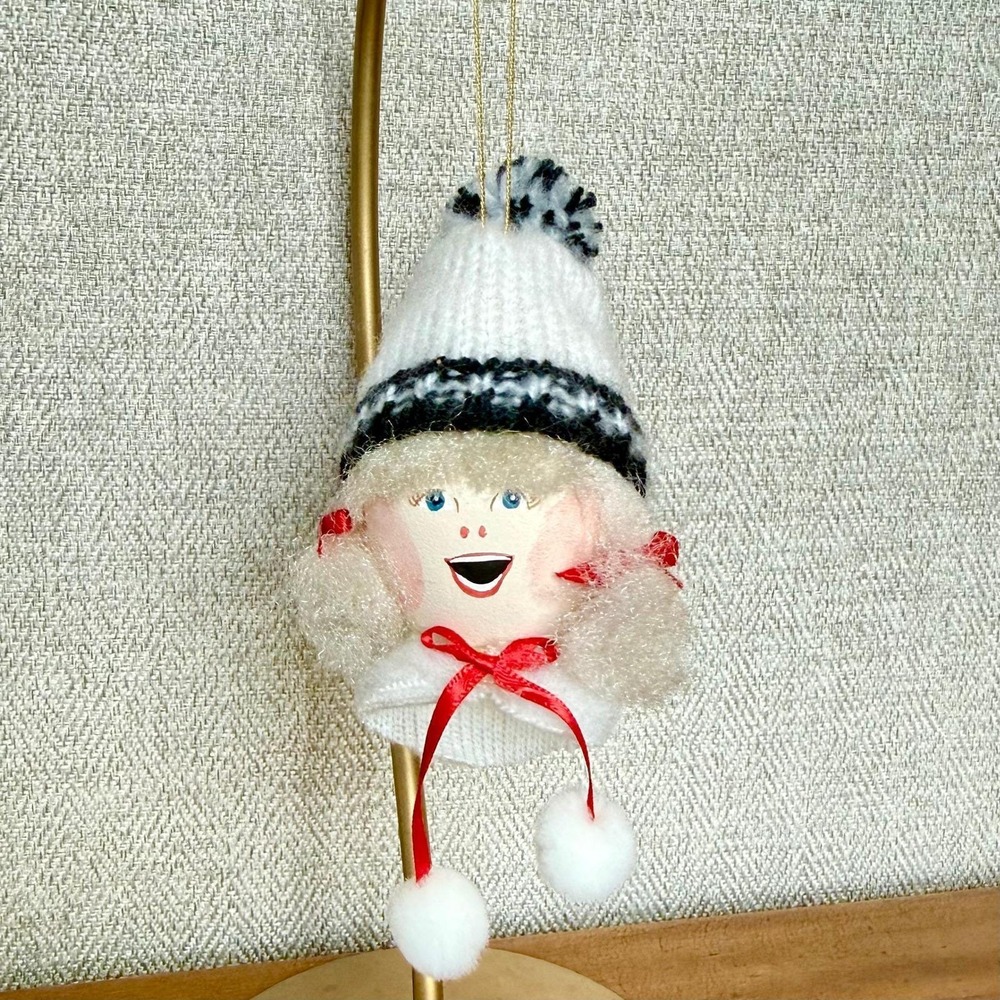 Vintage Girl Blown Egg Ornament Spun Cotton Hair MCM Kitsch Christmas Decor